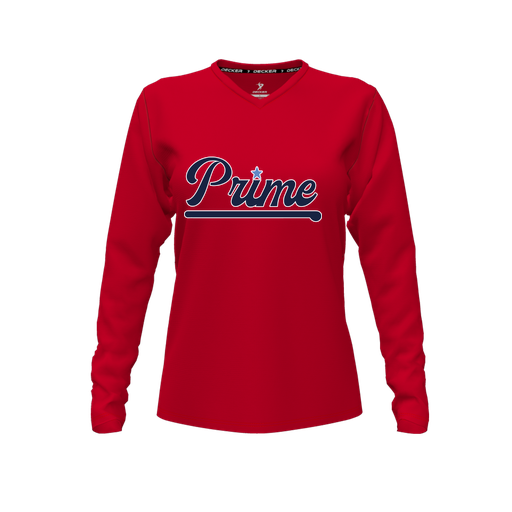 [CUS-DFW-TEES-PER-VNK-LSL-RED-FYXS-LOGO1] Performance T-Shirt (Female Youth XS, Red, V Neck, Logo 1, Long Sleeve)